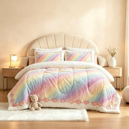 Rainbow Plush Comforter Set Queen Size Fluffy Bedding for Girls - Rainbow 01