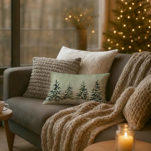Sage Green Winter Christmas Tree Lumbar Pillow Cover 12x20 with Hidden Zipper - Pack of 1