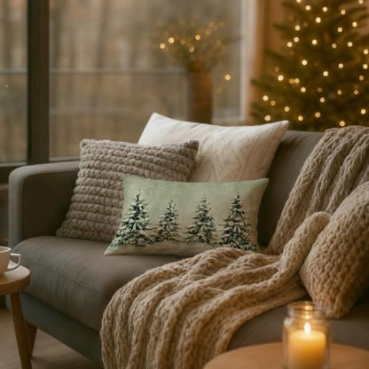 Sage Green Winter Christmas Tree Lumbar Pillow Cover 12x20 with Hidden Zipper - Pack of 1