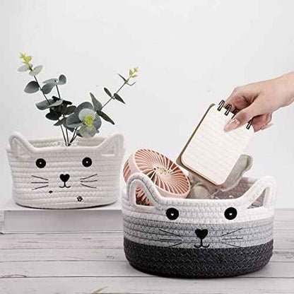 Zopeal Cat Basket Storage Woven Organizer with Ears Christmas Decorative Pet Toy Cute Cotton Rope Basket for Gift Cat Dog Toy Bin Nursery Room(8.3 x 4.7 Inch,White, Light Gray and Gray)
