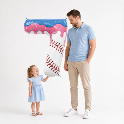 Pink Baseball Drip Number 7 Balloon for Birthday Party Decorations
