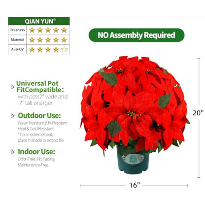 Red Artificial Poinsettia Christmas Plant in Pot - 20 Inch Holiday Decor - UV Resistant Indoor Outdoor