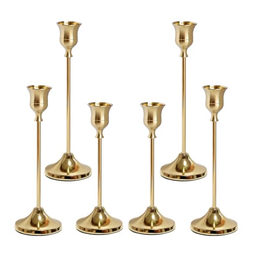 Gold Candlestick Holders Set of 6 with Weighted Wide Bases - Elegant Home Decor