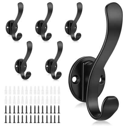 Wall Mount Coat Hooks 6 Pack Heavy Duty Black Metal Hangers with Screws
