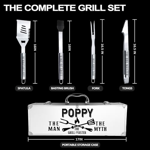 Heavy Duty Poppy Gifts for Grandpa Grill Set - Stainless Steel BBQ Utensils with Non-Slip Handles - Poppy Variation
