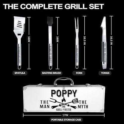 Heavy Duty Poppy Gifts for Grandpa Grill Set - Stainless Steel BBQ Utensils with Non-Slip Handles - Poppy Variation