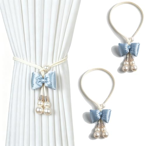 Blue Pearl Bow Curtain Tiebacks 2 Pack No-Drill Adjustable Home Decor