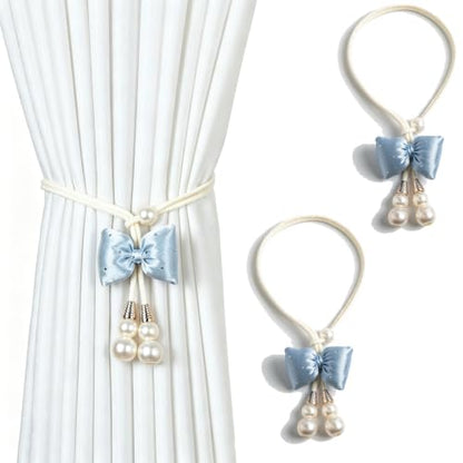 Blue Pearl Bow Curtain Tiebacks 2 Pack No-Drill Adjustable Home Decor