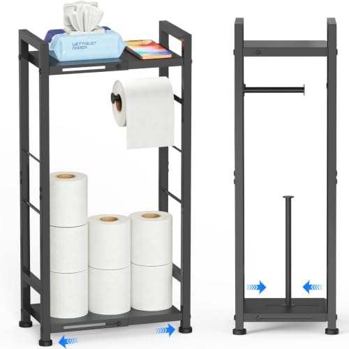 2-Tier Freestanding Toilet Paper Holder Stand with Shelf, Expandable Width 8.7-13in, Slim Floor Dispenser for Bathroom, Small Space, Black