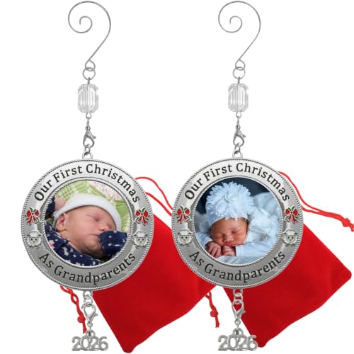 Medium Set of 2 Christmas Photo Ornaments - Our First Grandparents 2026 with Red Bow & Lamb Accents