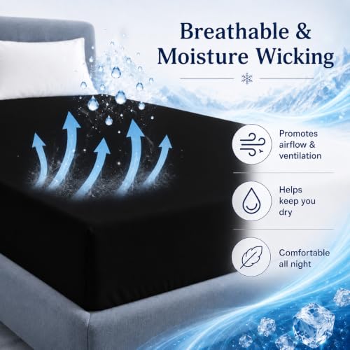 Black Queen Size Cooling Fitted Sheet Deep 14 Inch Ice Silk Bed Sheet