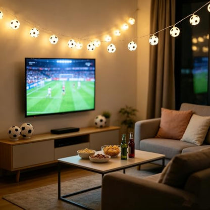 Soccer Ball String Lights 16.4Ft/5M Warm White - Battery Operated, 50 LED, Sports Themed Decor