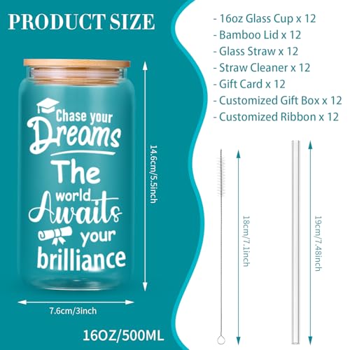 12-Pack Graduation Gift Glass Cups with Lids - 16 oz Commemorative Drinkware