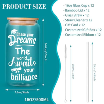 12-Pack Graduation Gift Glass Cups with Lids - 16 oz Commemorative Drinkware