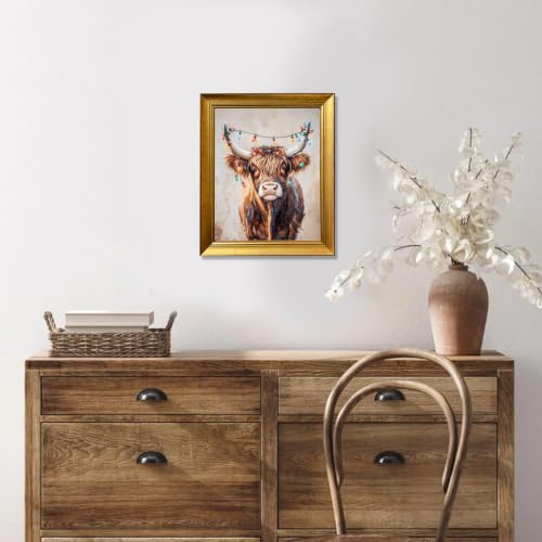 Vintage Highland Cow Christmas Wall Art with Festive Lights Framed Canvas Print - 12x10 Inches