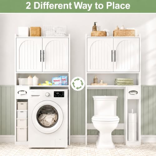 Over Toilet Storage Cabinet with Arched Doors, 34 Inch Wood Bathroom Organizer