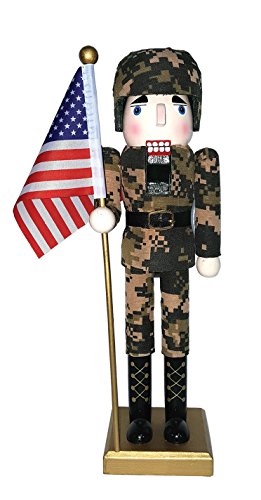 14-Inch Army Nutcracker with Flag - Handcrafted Christmas Decor