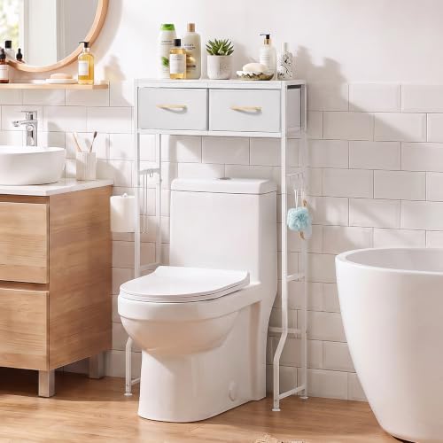 White Over The Toilet Storage Cabinet with 2 Fabric Drawers Bathroom Organizer