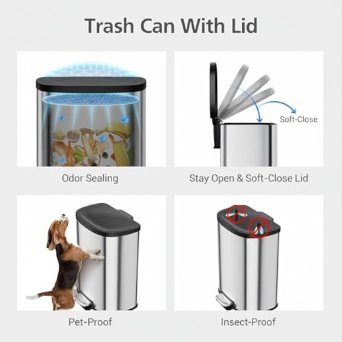 9L Stainless Steel Step Trash Can with Odor Seal & D-Shape Lid for Bathroom & Home