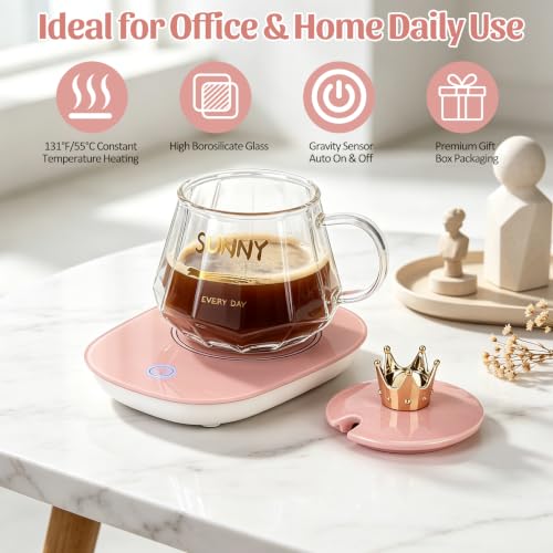 Pink Heated Mug Set with Glass Mug, Auto On/Off Coffee Warmer & Gift Box