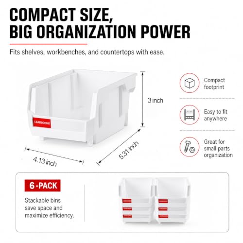 White Stackable Parts Bins - Heavy Duty Plastic Organizer 5x4x3 in (6 Pack)