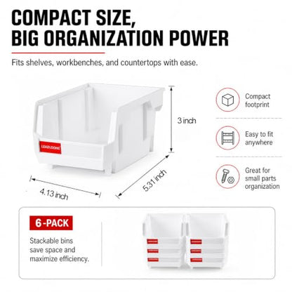 White Stackable Parts Bins - Heavy Duty Plastic Organizer 5x4x3 in (6 Pack)