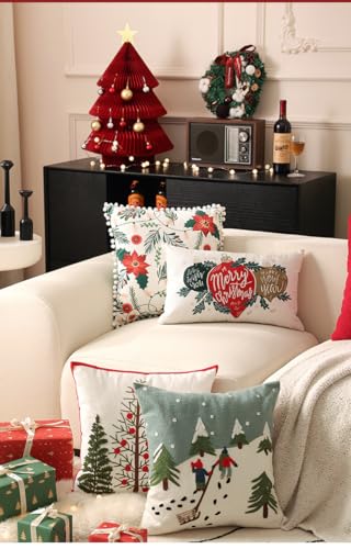 Christmas Embroidered Canvas Pillowcase - Snow Mountain Journey Holiday Decor