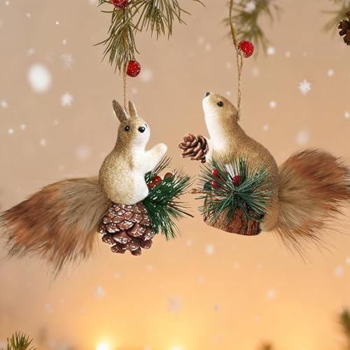 2pcs Squirrel Ornaments with Pinecones - Christmas Tree Decorations, Holiday Wall Decor