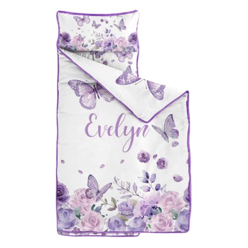 Personalized Toddler Nap Mat with Name - Butterfly Kids Roll Up with Pillow & Blanket, Style 2, 50x20"