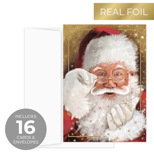 Sparkling Santa Christmas Cards Set - Gold Foil Holiday Greeting Cards with Inside Verse, 16 Pack, 5 5/8 x 7 7/8 Inches, Made in USA