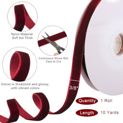 Burgundy Velvet Ribbon for Christmas Tree Decor - 10 Yards, 3/8 Inch