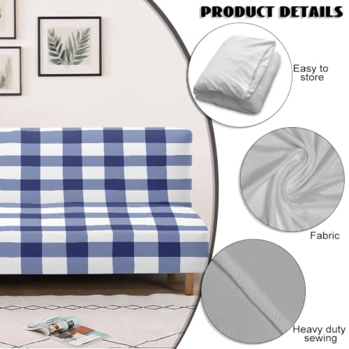 Blue White Buffalo Plaid Armless Futon Slipcover - Elastic Couch Protector for Bedroom & RV