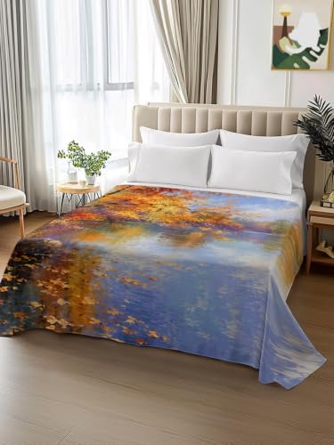 California King Flat Sheet - Lake Trees Leaves Fall Microfiber Bed Sheet - Amber, Gold, Orange, Blue