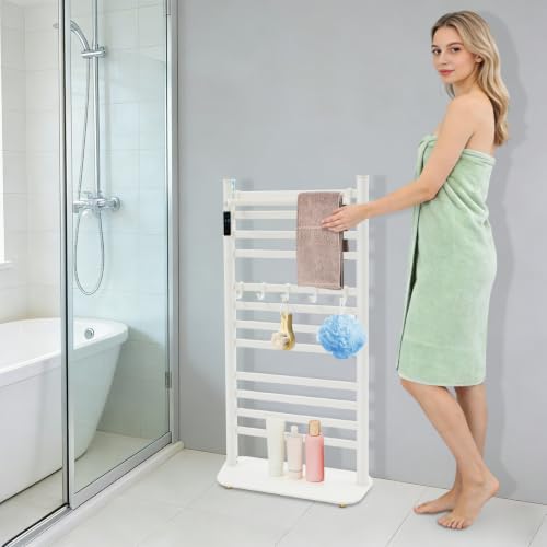 Heated Towel Rack with LED Display and Top Shelf - White