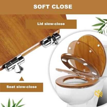 Angol Shiold Round 16.5 Inch Natural Solid Wood Soft Close Toilet Seat