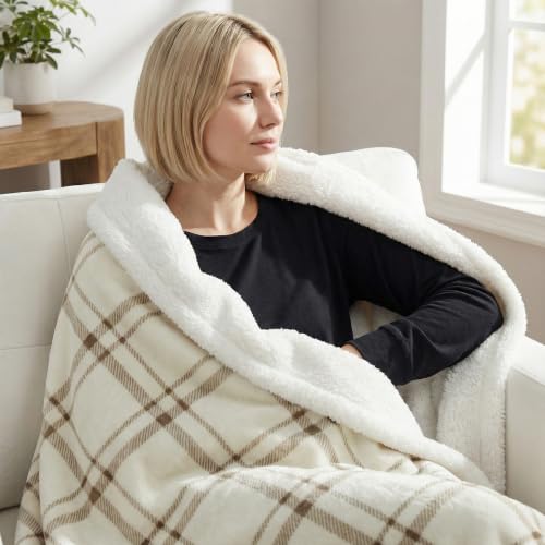 Cream Fleece Sherpa Throw Blanket 60x80 Inches Tattersall Design