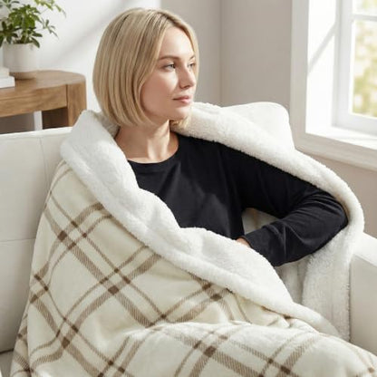 Cream Fleece Sherpa Throw Blanket 60x80 Inches Tattersall Design