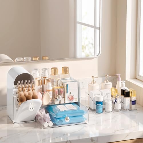 Large White Makeup Organizer with 27 Compartments and Detachable Trays - Retro Fridge Design