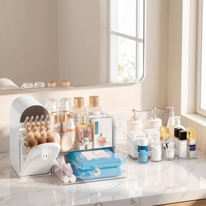 Large White Makeup Organizer with 27 Compartments and Detachable Trays - Retro Fridge Design