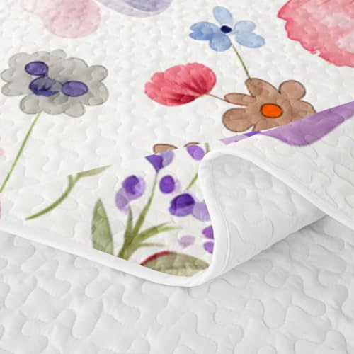 Feelyou Blossom Flowers Pattern Quilt Set Twin Size with Pillowcase - White Red