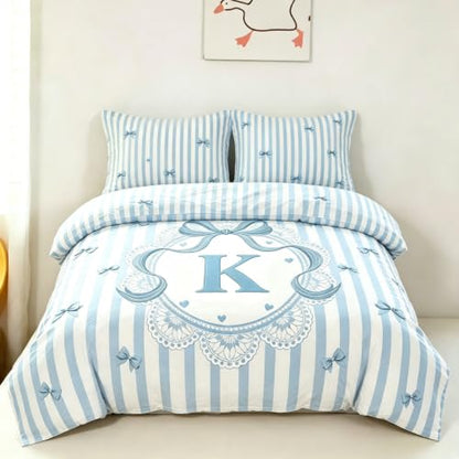 Blue Full Size 3-Piece Bedding Set for Kids with Striped Bow and Initial Letter K - Variation of Blue-K / Full