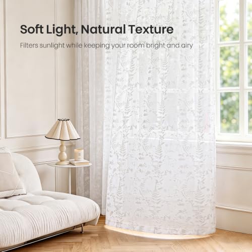 Ivory White 3D Floral Semi Sheer Curtains Set - 52W x 84L, 2 Panels, Pack of 2