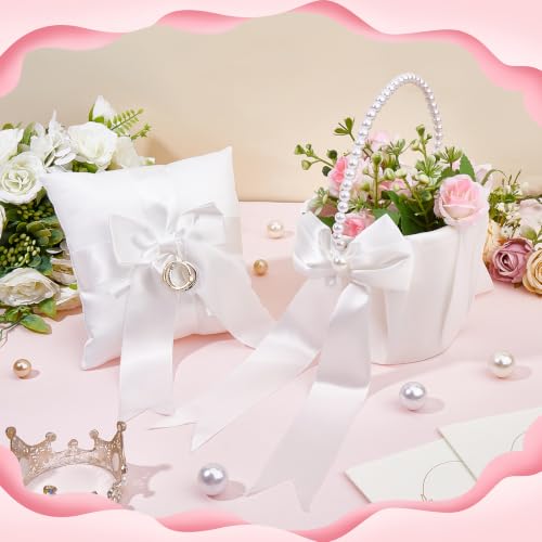 Wedding Flower Girl Baskets & Ring Bearer Pillows Set - Satin & Pearl Handle