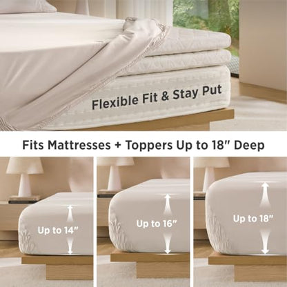 Bedsure Beige Queen Deep Pocket Bed Sheets for 18-Inch Mattresses - Stay Put Fit