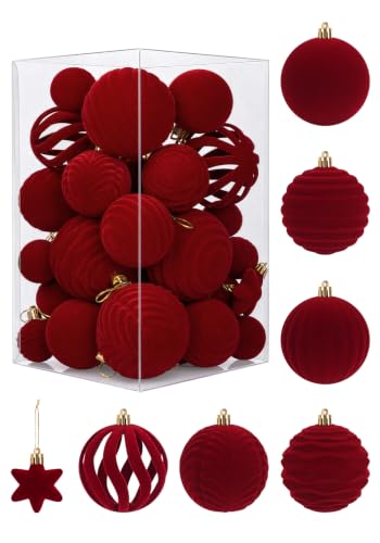 Burgundy Velvet Christmas Ornaments Set - 46pcs Holiday Tree Decorations