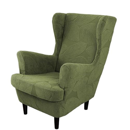Olive Green 2-Piece Wingback Chair Slipcover - Washable, Elastic Bottom, One Size