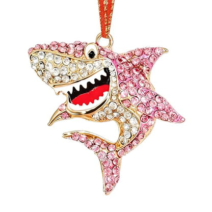 Pink Shark Christmas Ornament - Coastal Metal Holiday Decor for Tree, Wall & Gift