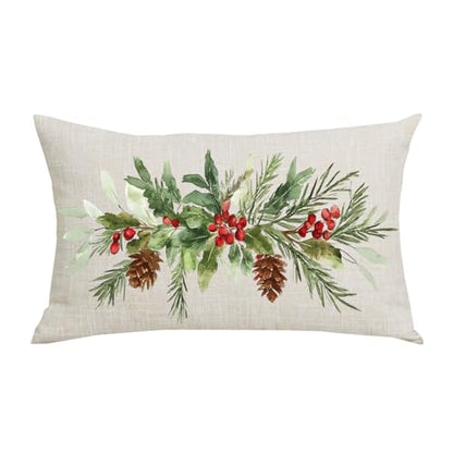 Christmas Watercolor Pillow Cover 12x20 Inches Green Leaves Pinecone Home Decor