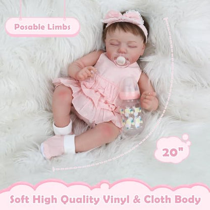 Reborn Baby Doll Girl 20 Inch Lifelike Sleeping Baby Doll - Pink Cloth Body, Hand-Painted Features, Gift Set for Kids 3+