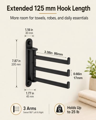 Wall Mount Swivel Hook with 3 Arms - Matte Black Stainless Steel, 25Lb Support